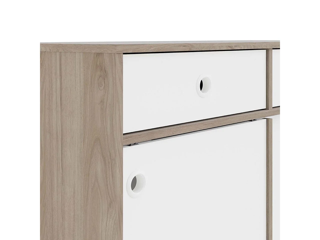 Penny Sideboard 2 Schiebetüren und 2 Schubladen Hickory-Dekor und Mattweiß.