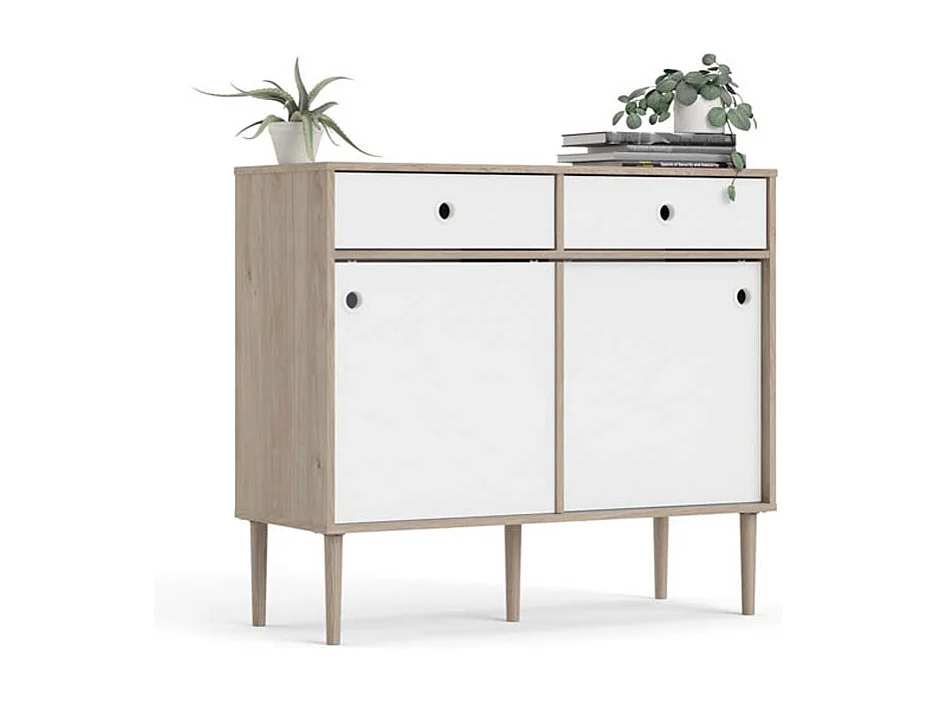 Penny Sideboard 2 Schiebetüren und 2 Schubladen Hickory-Dekor und Mattweiß.