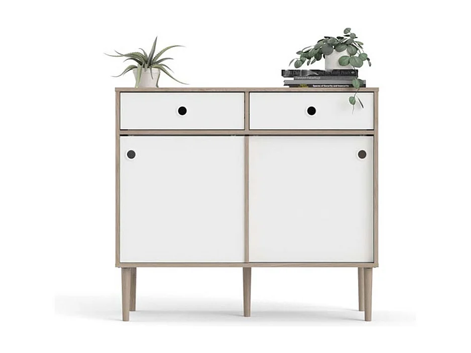 Penny Sideboard 2 Schiebetüren und 2 Schubladen Hickory-Dekor und Mattweiß.