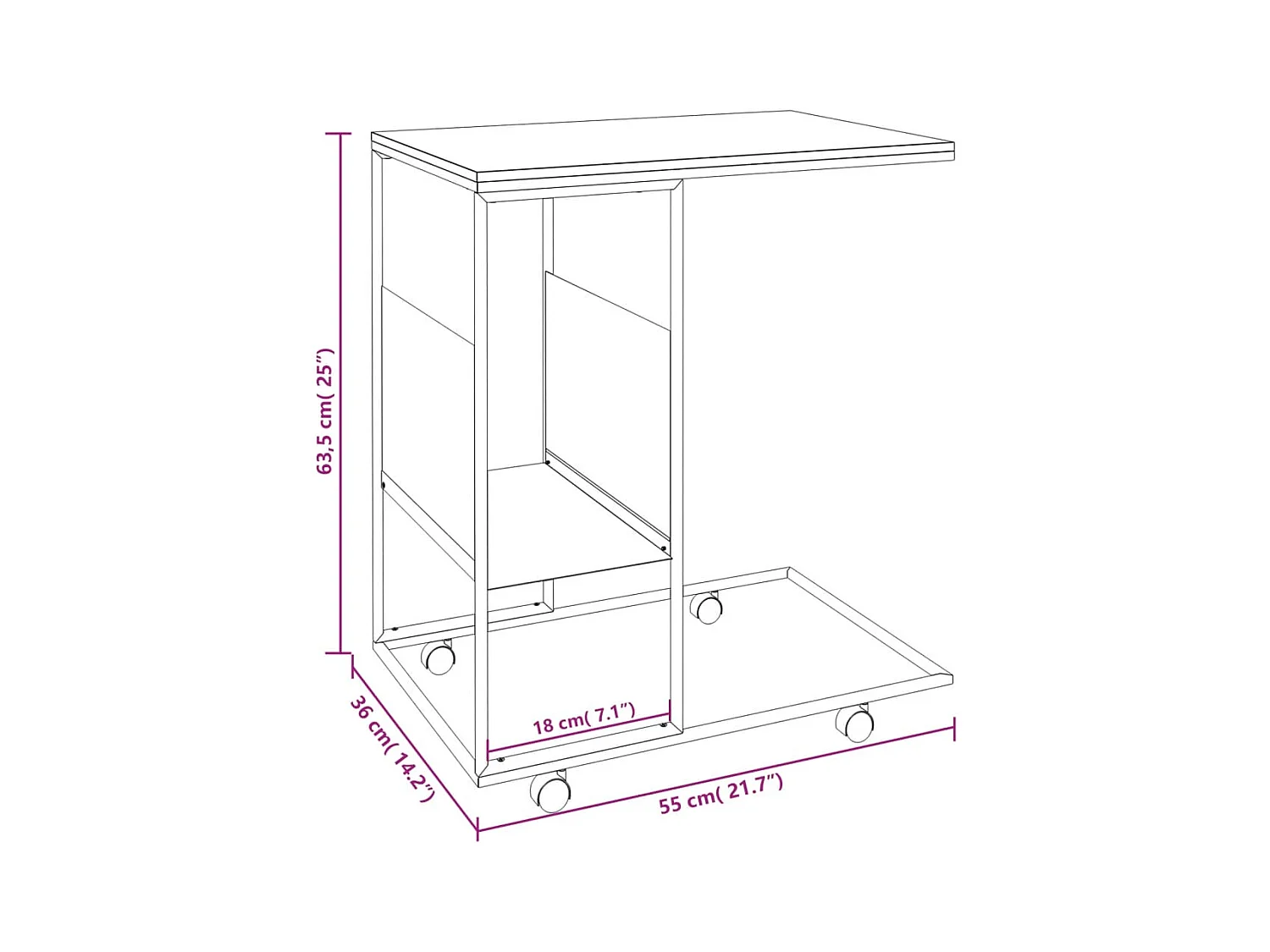 Mesa de centro | Mesa de apoio c/ rodas 55x36x63.5 cm derivados de madeira preto