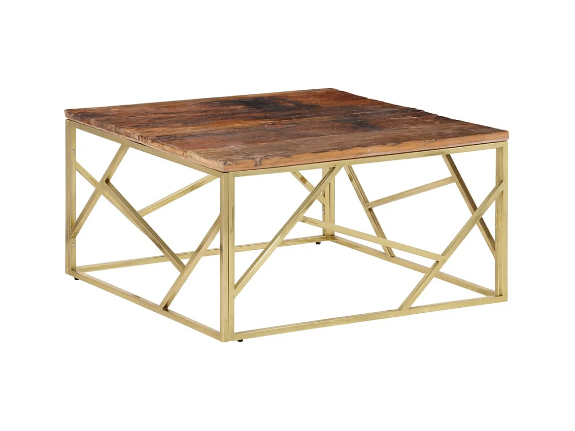 Table basse salon-Table d'appoint doré acier inoxydable et bois de mélèze massif SHL13259