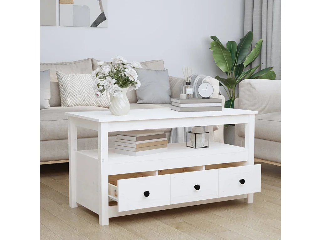 Couchtisch-Wohnzimmertisch-Beistelltische Weiß 102x49x55 cm Massivholz Kiefer SHL6400