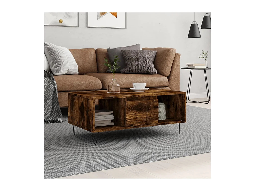 Mesa de centro | Mesa auxiliar madera ingeniería metal marrón roble 80x80x30 cm SHL4913