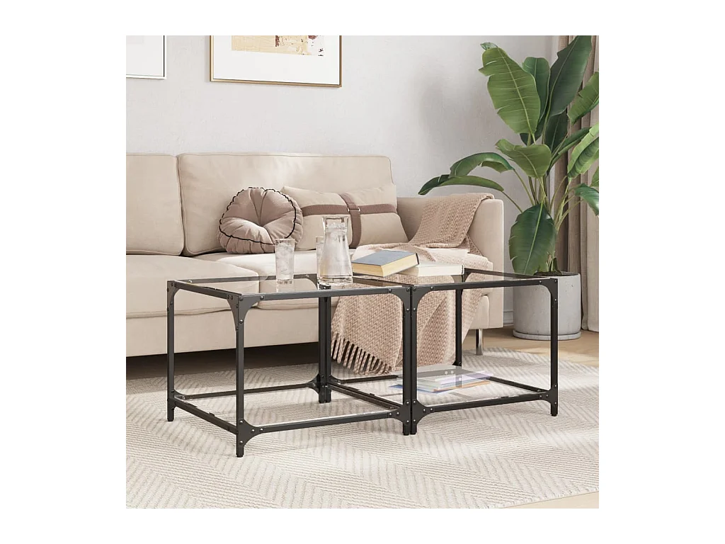 Tables basses salon-Tables d'appoint avec dessus en verre transparent 2 pcs acier SHL37348
