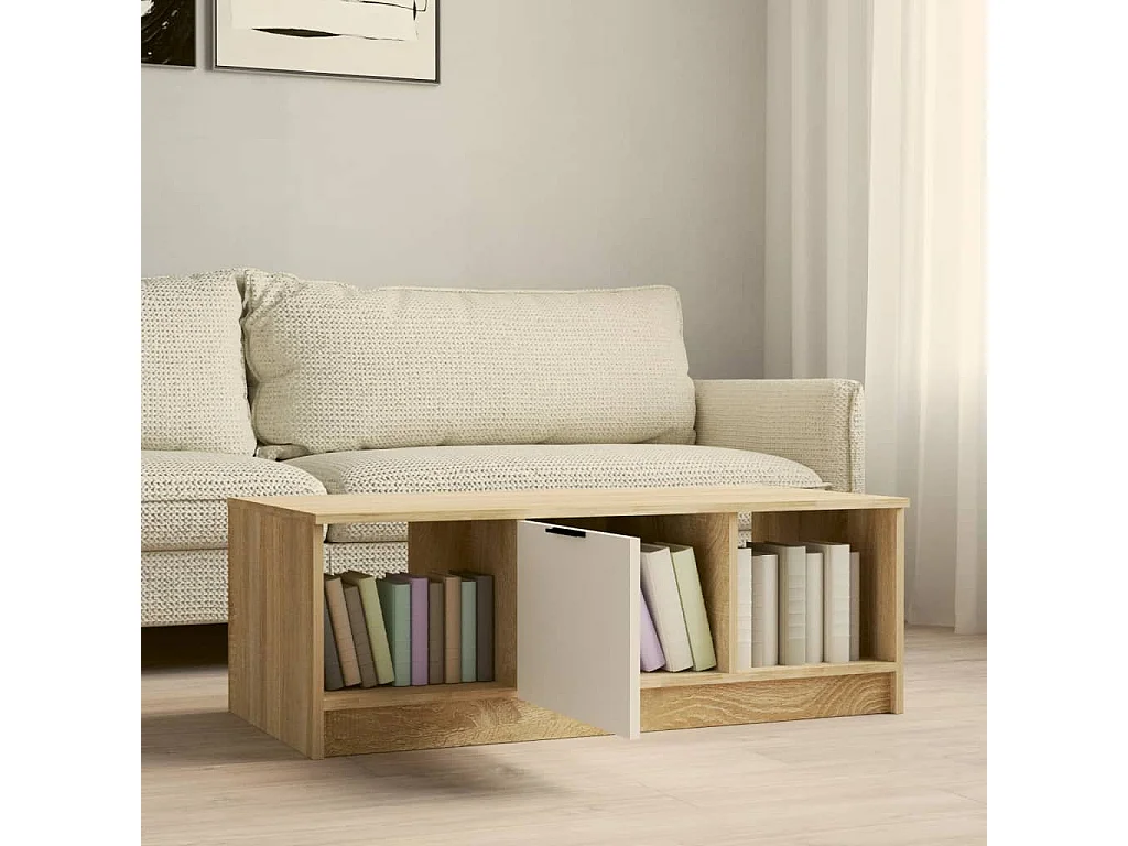 Couchtisch-Sofatisch-Beistelltische Weiß und Sonoma-Eiche 102x50x36 cm Holzwerkstoff SHL46358