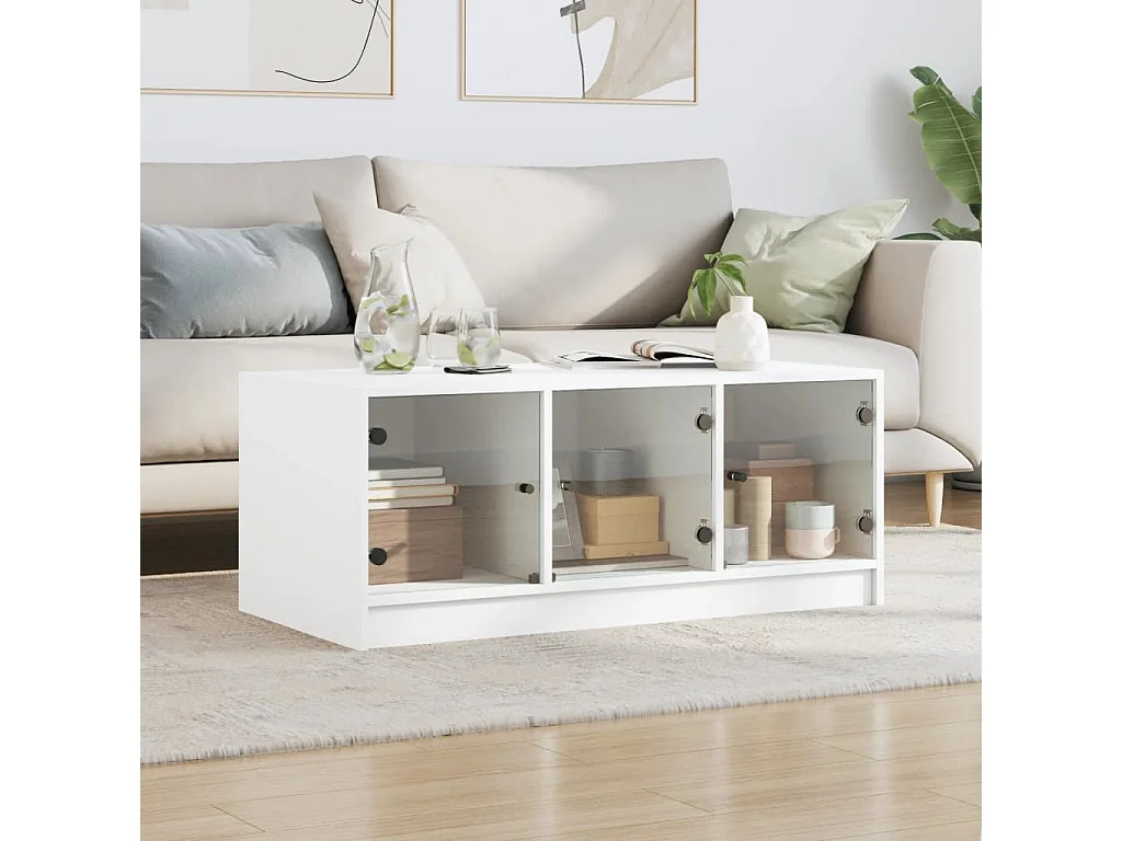 Couchtisch-Wohnzimmertisch-Beistelltische mit Glastüren Weiß 102x50x42 cm SHL34729