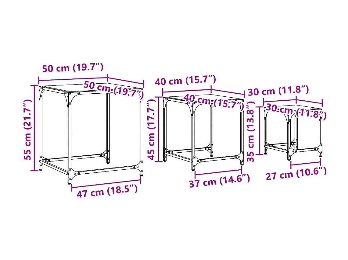 Couchtisch 3er Set-Satztische-Sofatisch mit Glasplatte Transparent Stahl SHL56054