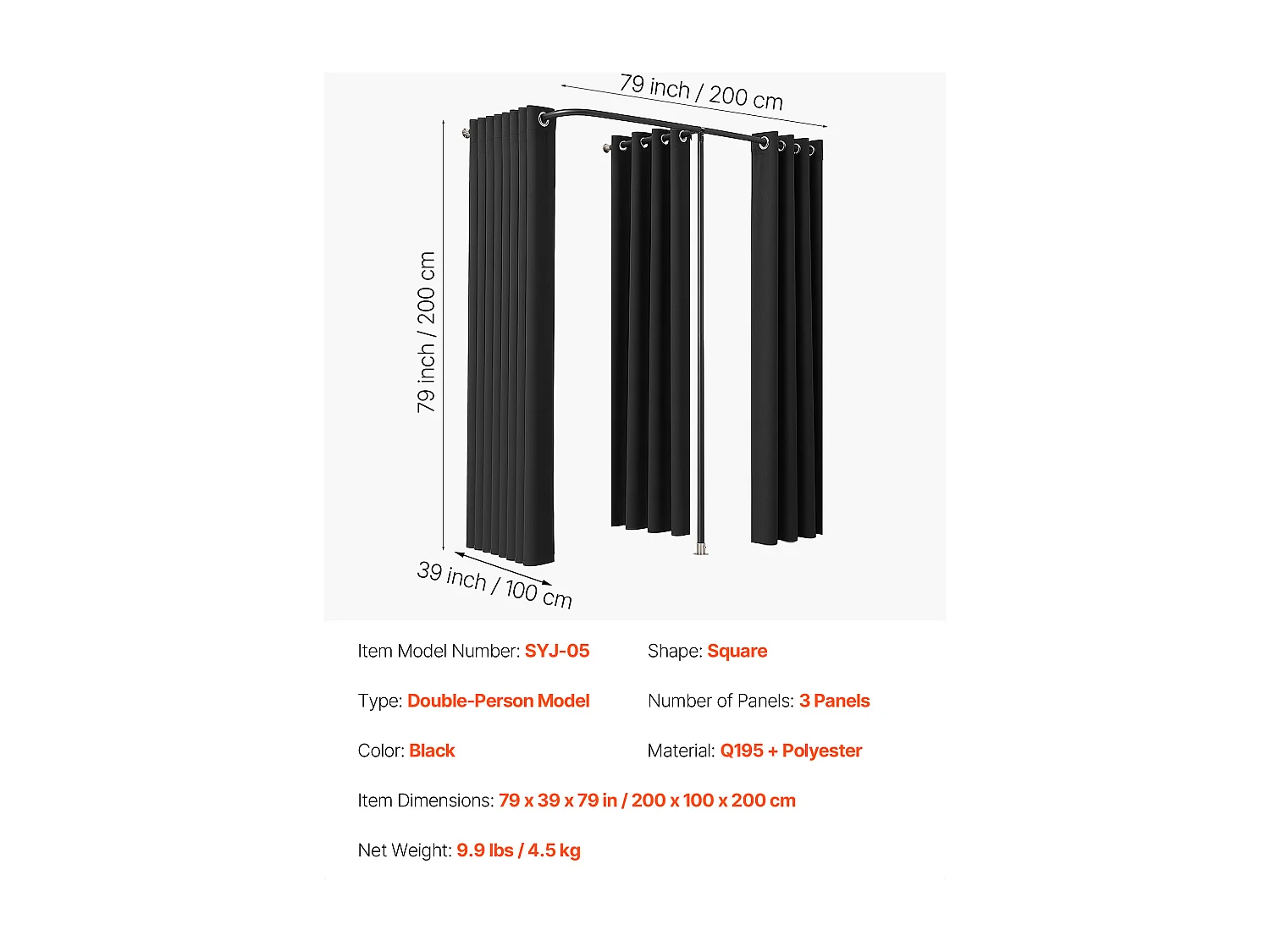 Doppelte Umkleidekabine SucceBuy, 200 x 100 x 200 cm, Tragbare Garderobe mit dicken Polyester-Vorhängen, Privater Bereich für Geschäfte, Boutiquen, Schwarz