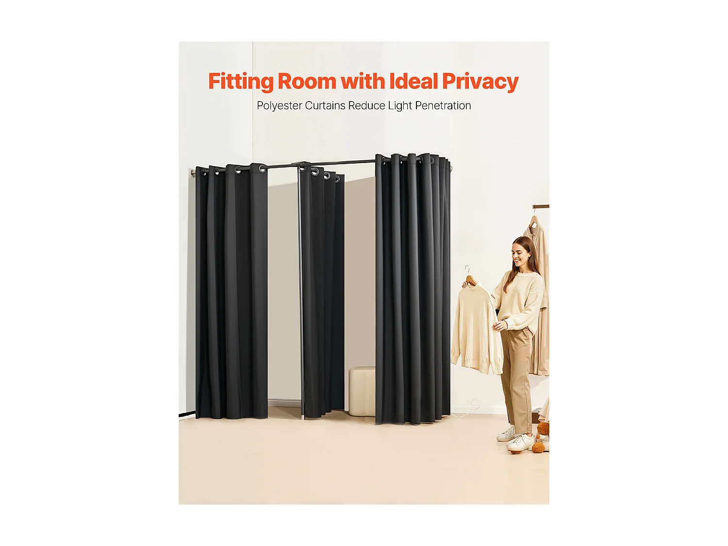 Doppelte Umkleidekabine SucceBuy, 200 x 100 x 200 cm, Tragbare Garderobe mit dicken Polyester-Vorhängen, Privater Bereich für Geschäfte, Boutiquen, Schwarz