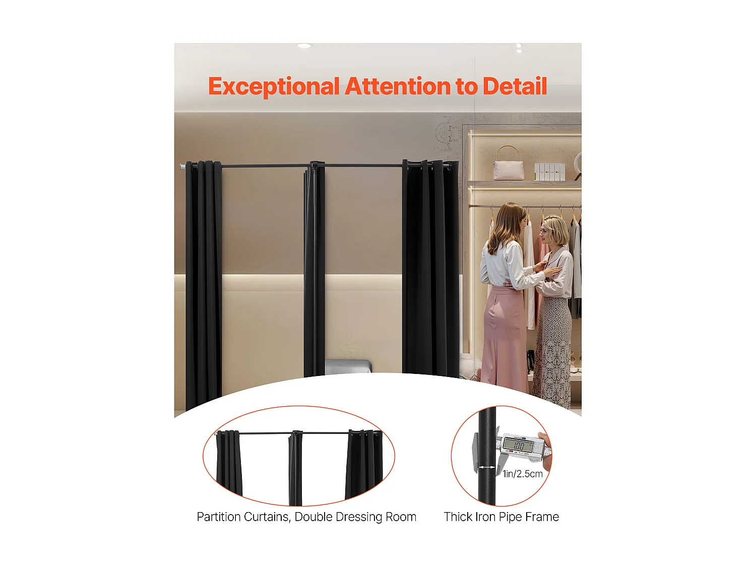 Doppelte Umkleidekabine SucceBuy, 200 x 100 x 200 cm, Tragbare Garderobe mit dicken Polyester-Vorhängen, Privater Bereich für Geschäfte, Boutiquen, Schwarz