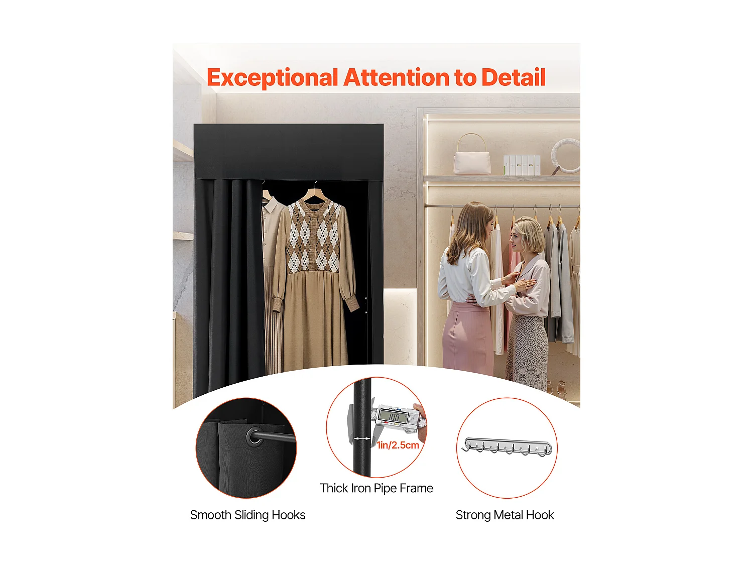 Cabine d'Essayage SucceBuy, 99x99x198 cm, Vestiaire Portable avec Rideaux Épais en Polyester et Crochet, Espace Privé pour Magasin, Boutique, Noir