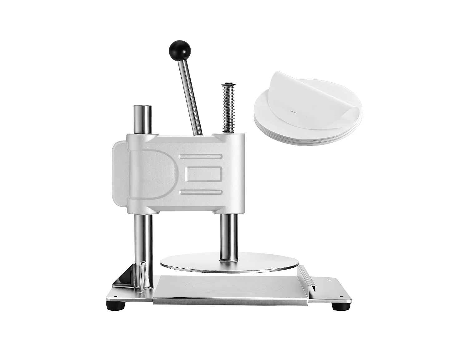 Presse à Pâtes Mmanuelle SucceBuy, Diamètre de Plaque 24 cm, Presse à Pizza en Acier Inoxydable, avec Poignée et 100 Feuilles de Papier Sulfurisé, pour cafés