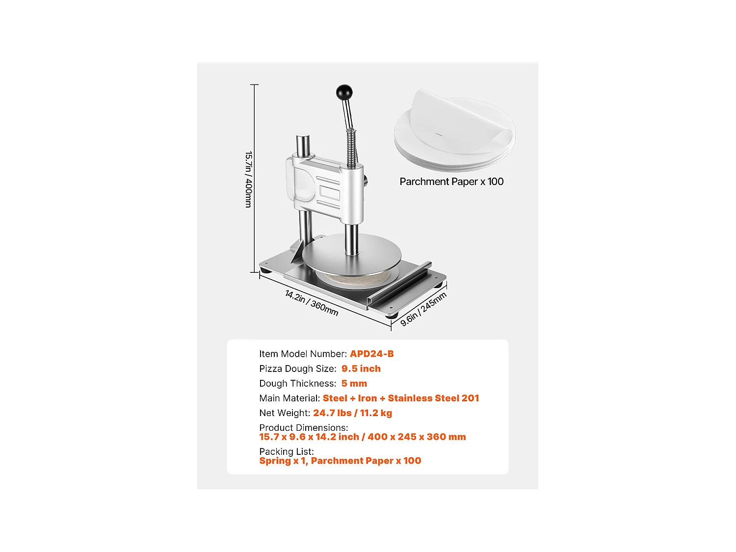 Presse à Pâtes Mmanuelle SucceBuy, Diamètre de Plaque 24 cm, Presse à Pizza en Acier Inoxydable, avec Poignée et 100 Feuilles de Papier Sulfurisé, pour cafés