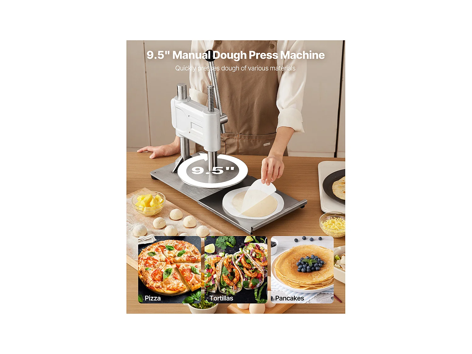 Presse à Pâtes Mmanuelle SucceBuy, Diamètre de Plaque 24 cm, Presse à Pizza en Acier Inoxydable, avec Poignée et 100 Feuilles de Papier Sulfurisé, pour cafés