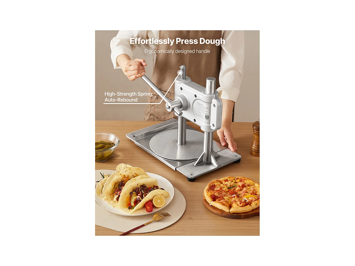 Presse à Pâtes Mmanuelle SucceBuy, Diamètre de Plaque 24 cm, Presse à Pizza en Acier Inoxydable, avec Poignée et 100 Feuilles de Papier Sulfurisé, pour cafés