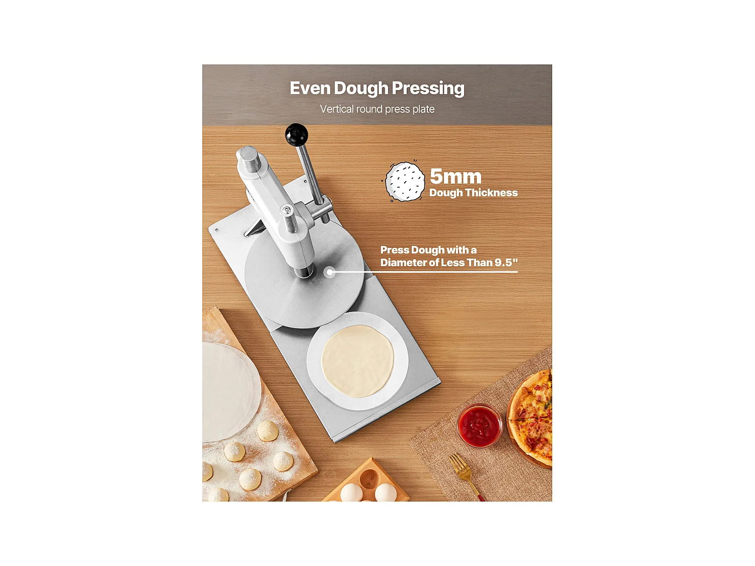 Presse à Pâtes Mmanuelle SucceBuy, Diamètre de Plaque 24 cm, Presse à Pizza en Acier Inoxydable, avec Poignée et 100 Feuilles de Papier Sulfurisé, pour cafés