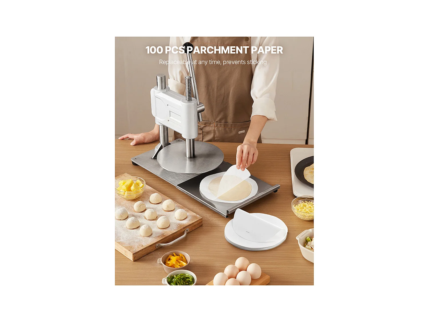 Manuelle Teigpresse SucceBuy, 24 cm Plattendurchmesser, Pizzapresse aus Edelstahl, mit Griff und 100 Blatt Backpapier, für Cafés