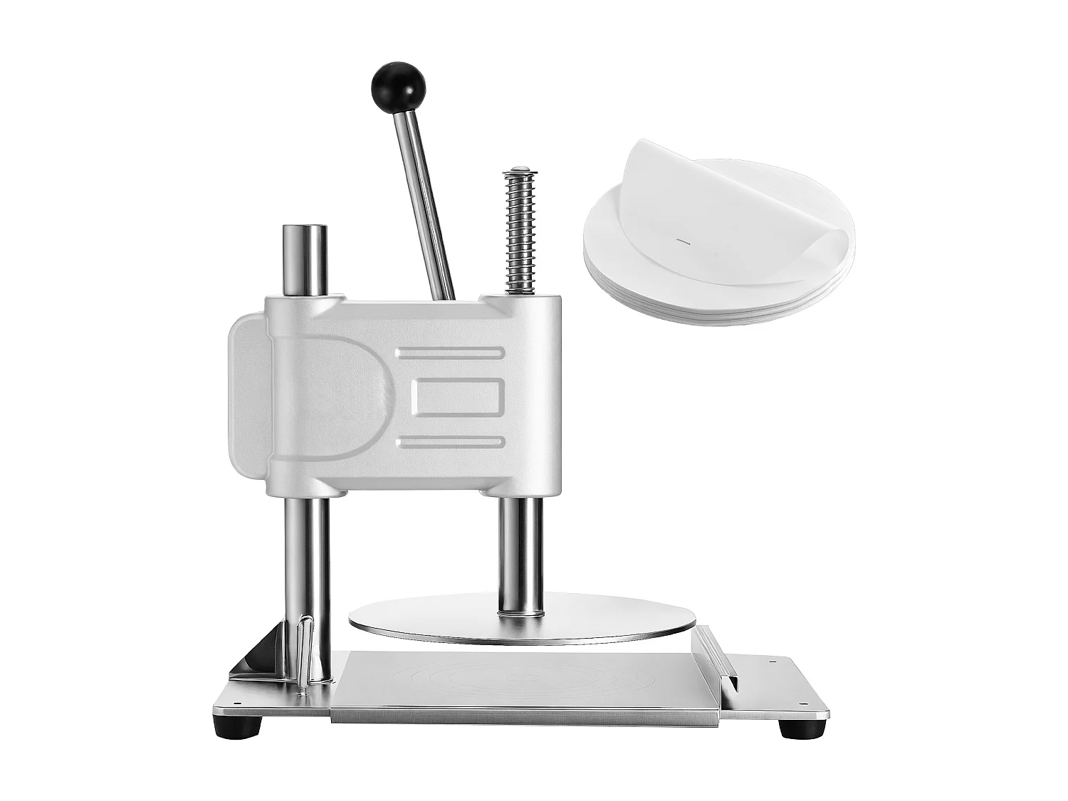 Pressa per Pasta SucceBuy Manuale, Diametro Piastra 24,1 cm, Pressa per Pizza in Acciaio Inox, con Maniglia e 100 Fogli di Carta da Forno, per Bar