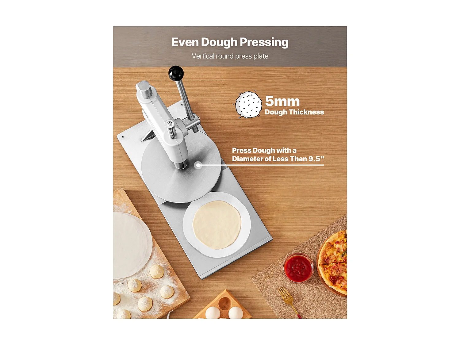 Pressa per Pasta SucceBuy Manuale, Diametro Piastra 24,1 cm, Pressa per Pizza in Acciaio Inox, con Maniglia e 100 Fogli di Carta da Forno, per Bar