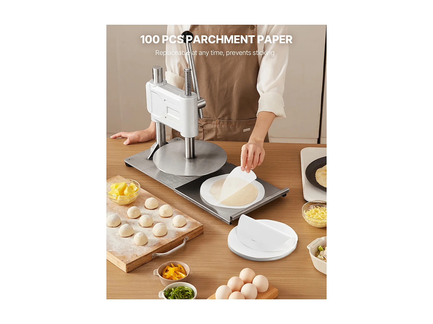 Pressa per Pasta SucceBuy Manuale, Diametro Piastra 24,1 cm, Pressa per Pizza in Acciaio Inox, con Maniglia e 100 Fogli di Carta da Forno, per Bar