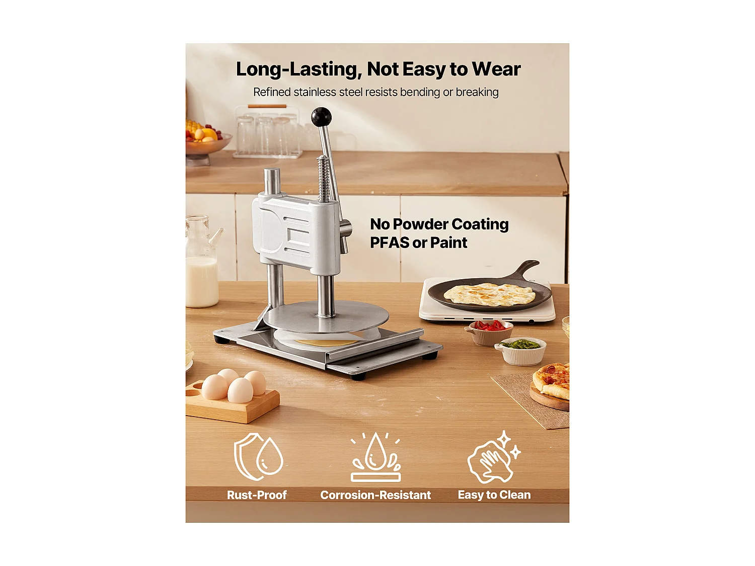 Pressa per Pasta SucceBuy Manuale, Diametro Piastra 24,1 cm, Pressa per Pizza in Acciaio Inox, con Maniglia e 100 Fogli di Carta da Forno, per Bar