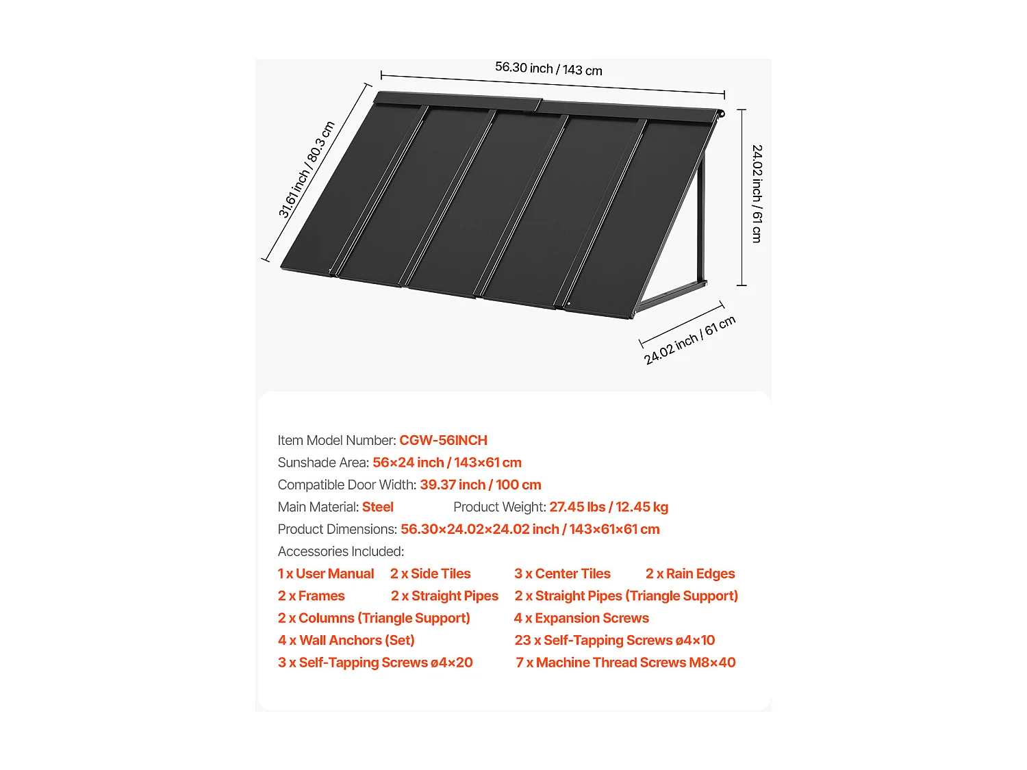 Voordeurluifel SucceBuy, 143x61 cm Metalen Buitendeurluifel, Stalen Frame, Regenkap, voor Voordeuren, Balkons