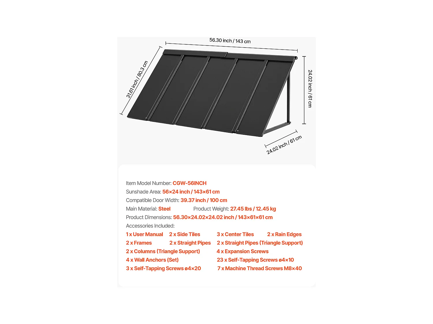 Auvent de Porte d'Entrée SucceBuy, 143x61 cm Marquise de Porte Extérieure Métal, Cadre Acier, Abri de Protection Contre Pluie, pour Portes d'Entrée, Balcons