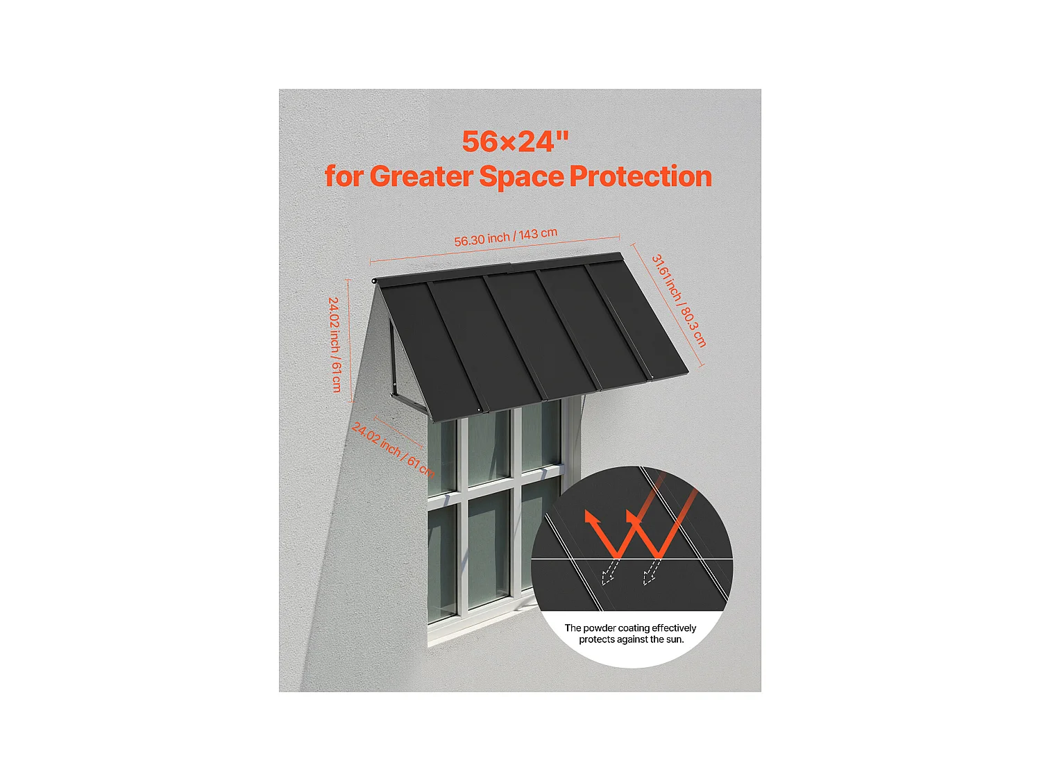 Auvent de Porte d'Entrée SucceBuy, 143x61 cm Marquise de Porte Extérieure Métal, Cadre Acier, Abri de Protection Contre Pluie, pour Portes d'Entrée, Balcons