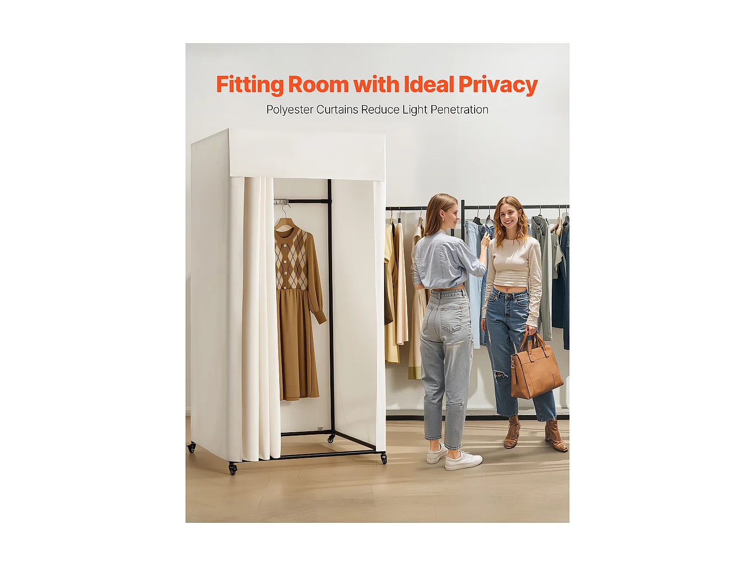 Cabine d'Essayage SucceBuy, 99x99x204,5 cm, Vestiaire Portable Mobile avec Rideaux Épais et Crochet, Espace Privé pour Magasin, Boutique, Beige