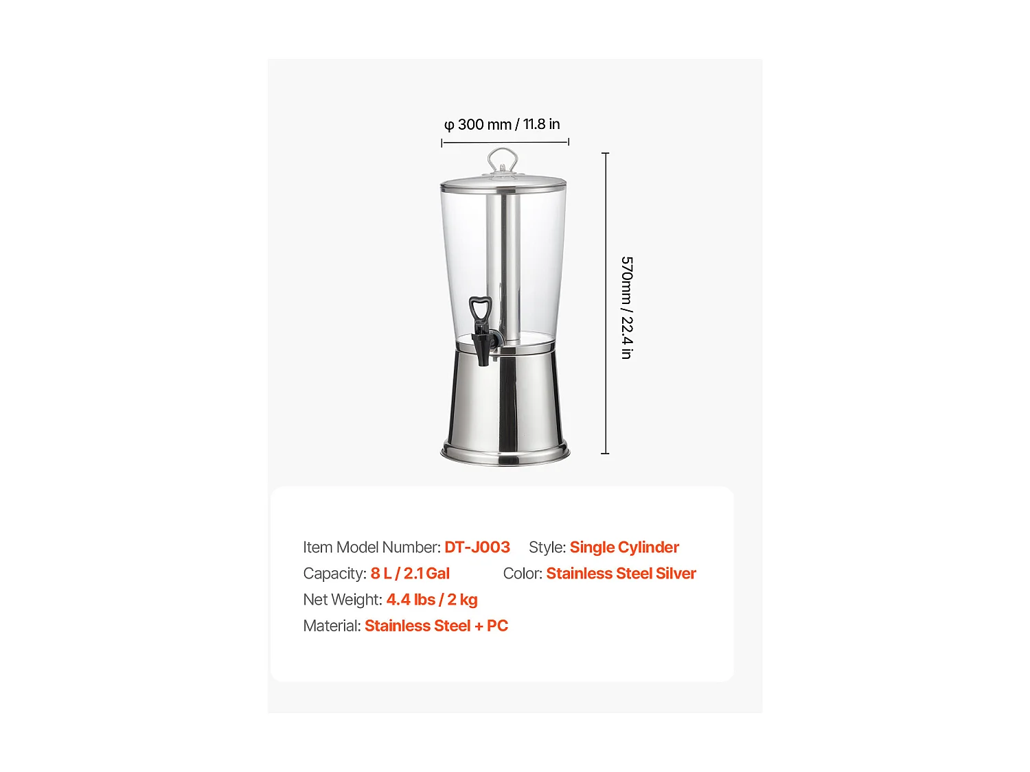 Distributeur de Boissons SucceBuy, Capacité 8 L, Fontaine à Eau en Acier Inoxydable et Plastique, Distribution de Jus Limonade Thé Glacé, Cafés