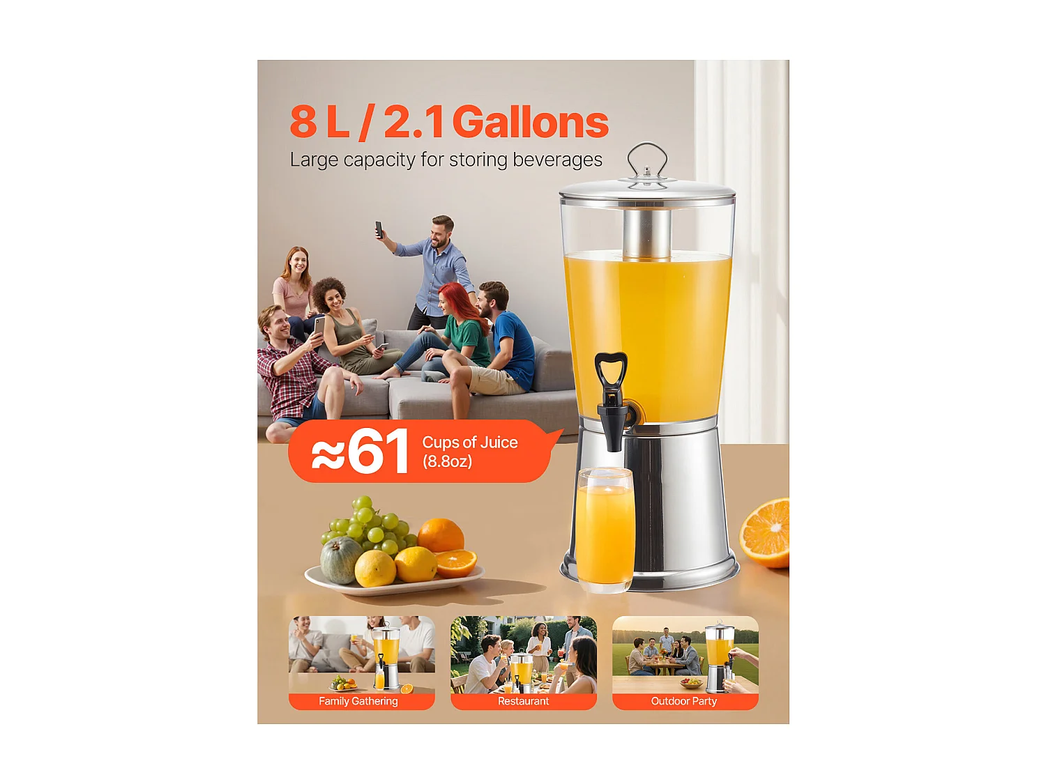 Distributeur de Boissons SucceBuy, Capacité 8 L, Fontaine à Eau en Acier Inoxydable et Plastique, Distribution de Jus Limonade Thé Glacé, Cafés