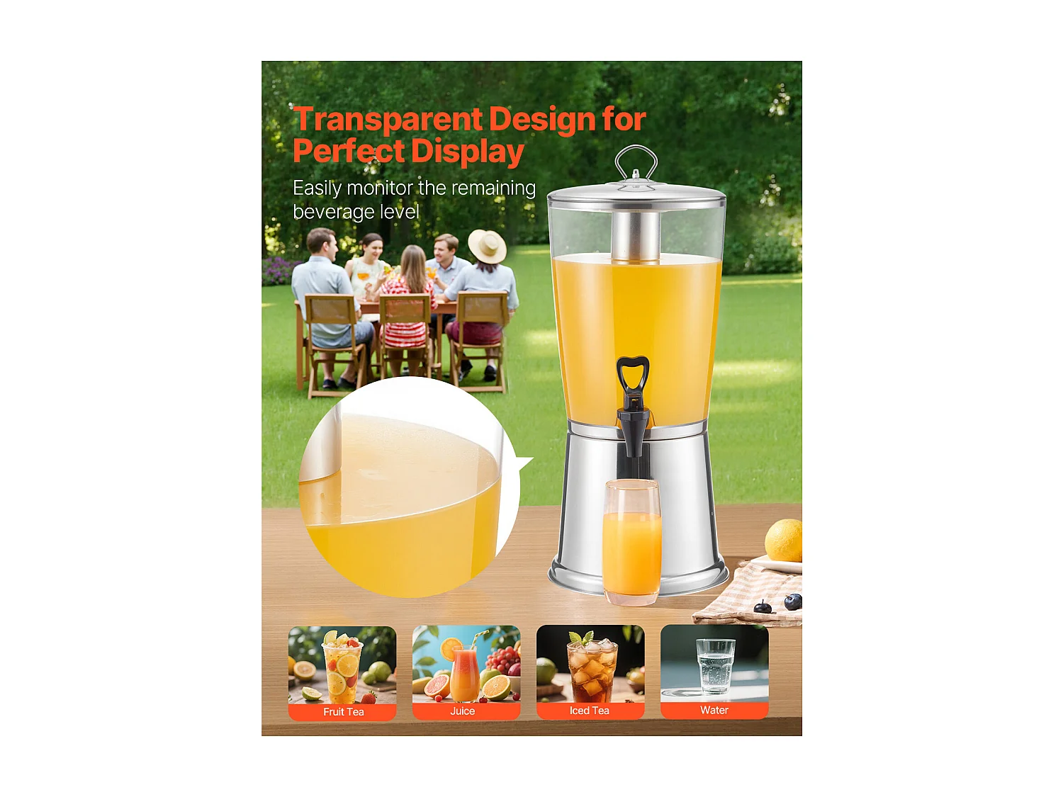 Distributeur de Boissons SucceBuy, Capacité 8 L, Fontaine à Eau en Acier Inoxydable et Plastique, Distribution de Jus Limonade Thé Glacé, Cafés