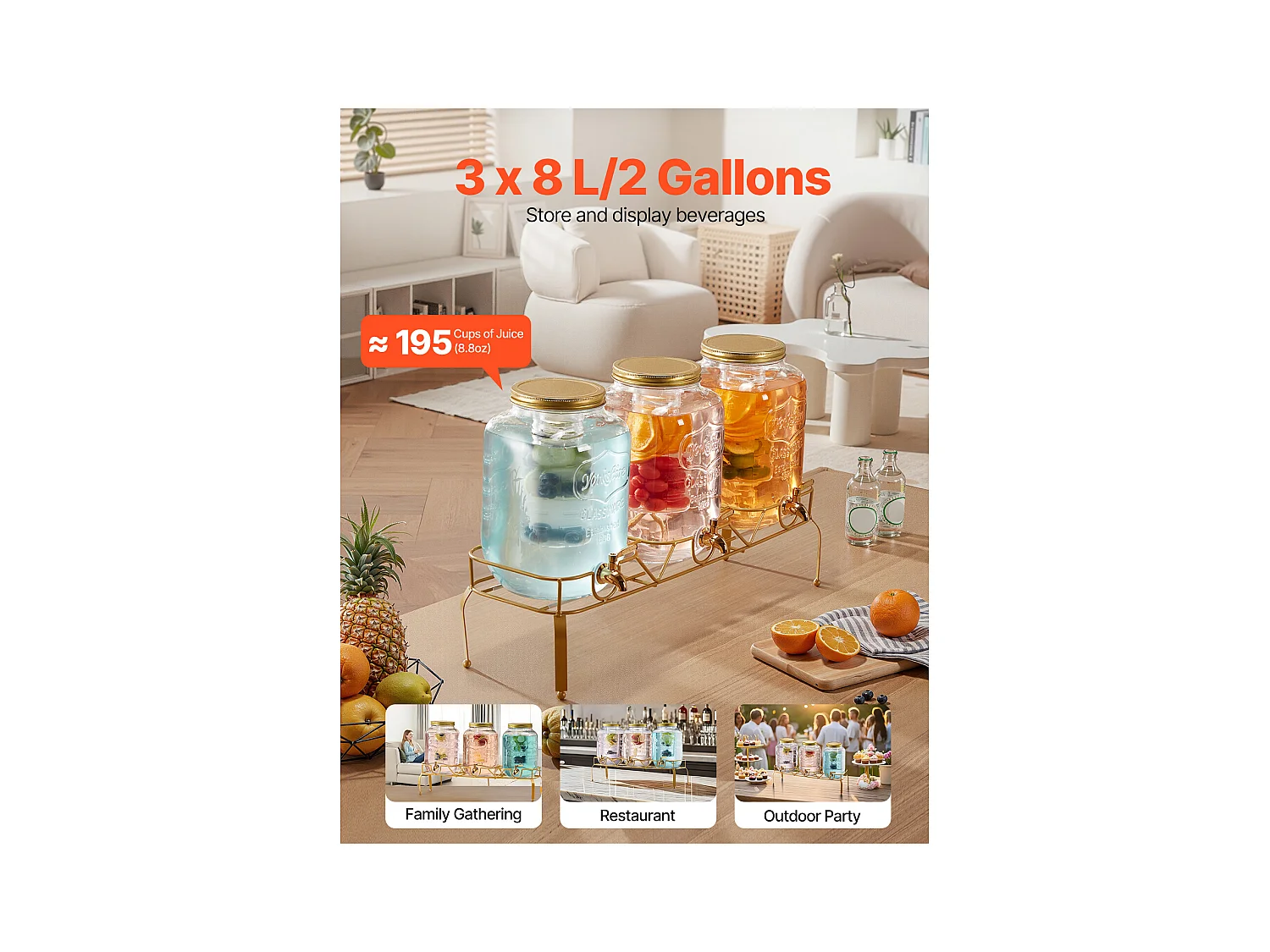 Getränkespender SucceBuy, Fassungsvermögen 8 L, 3 Stück, Glas-Wasserspender, Ausgabe von Wasser, Saft, Limonade, Eistee, für Kaffee