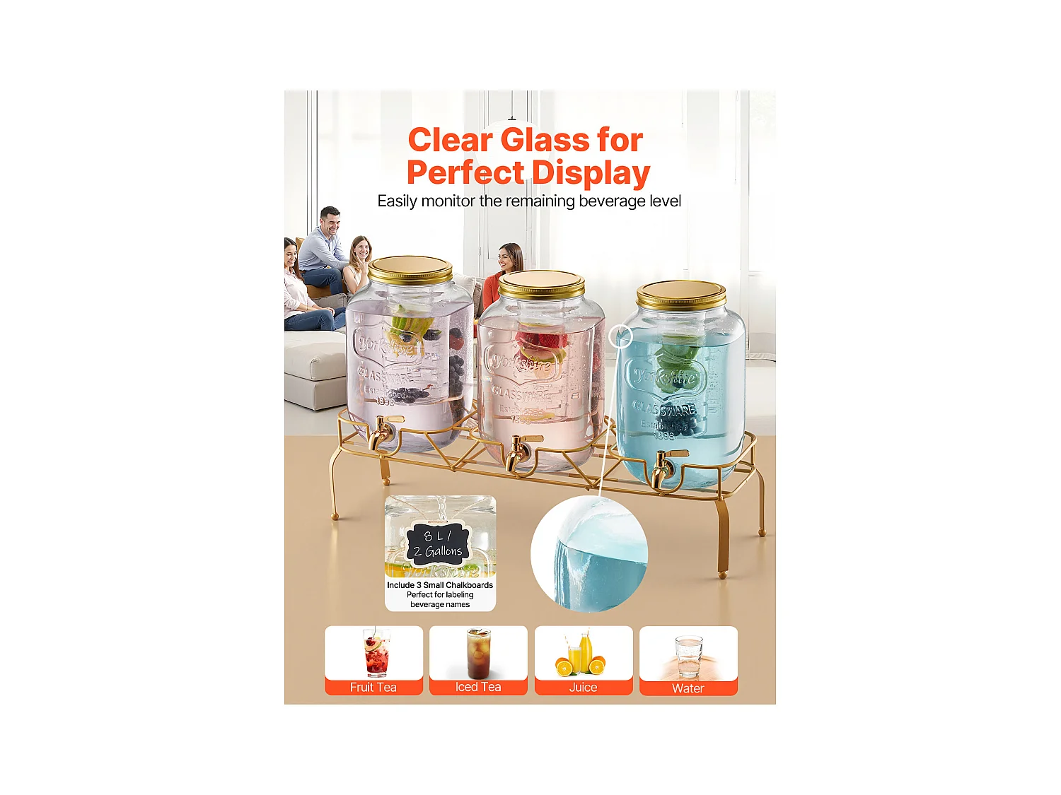 Getränkespender SucceBuy, Fassungsvermögen 8 L, 3 Stück, Glas-Wasserspender, Ausgabe von Wasser, Saft, Limonade, Eistee, für Kaffee