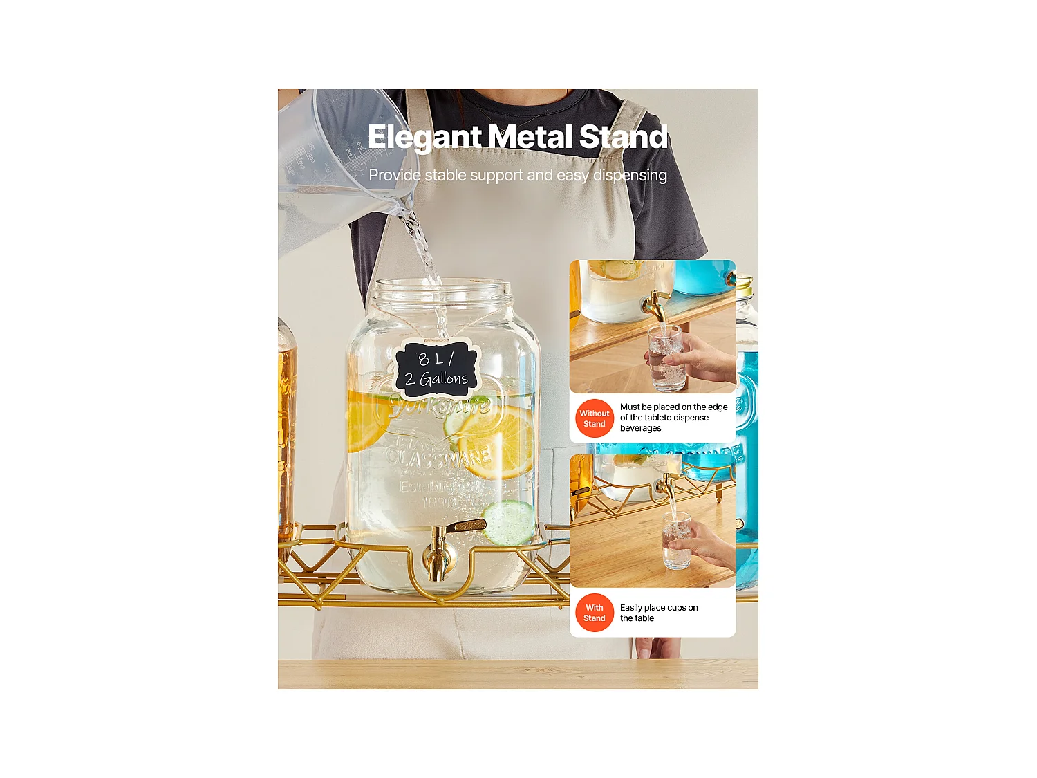 Getränkespender SucceBuy, Fassungsvermögen 8 L, 3 Stück, Glas-Wasserspender, Ausgabe von Wasser, Saft, Limonade, Eistee, für Kaffee