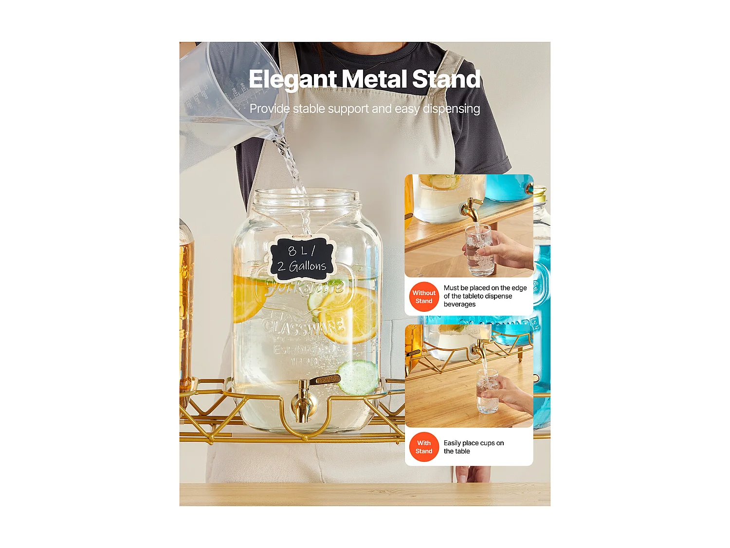 Distribuidor de Bebidas SucceBuy, Capacidade de 8 L, 3 Unidades, Fonte de Água em Vidro, Distribuição de Água, Sumo, Limonada, Chá Gelado, para Café