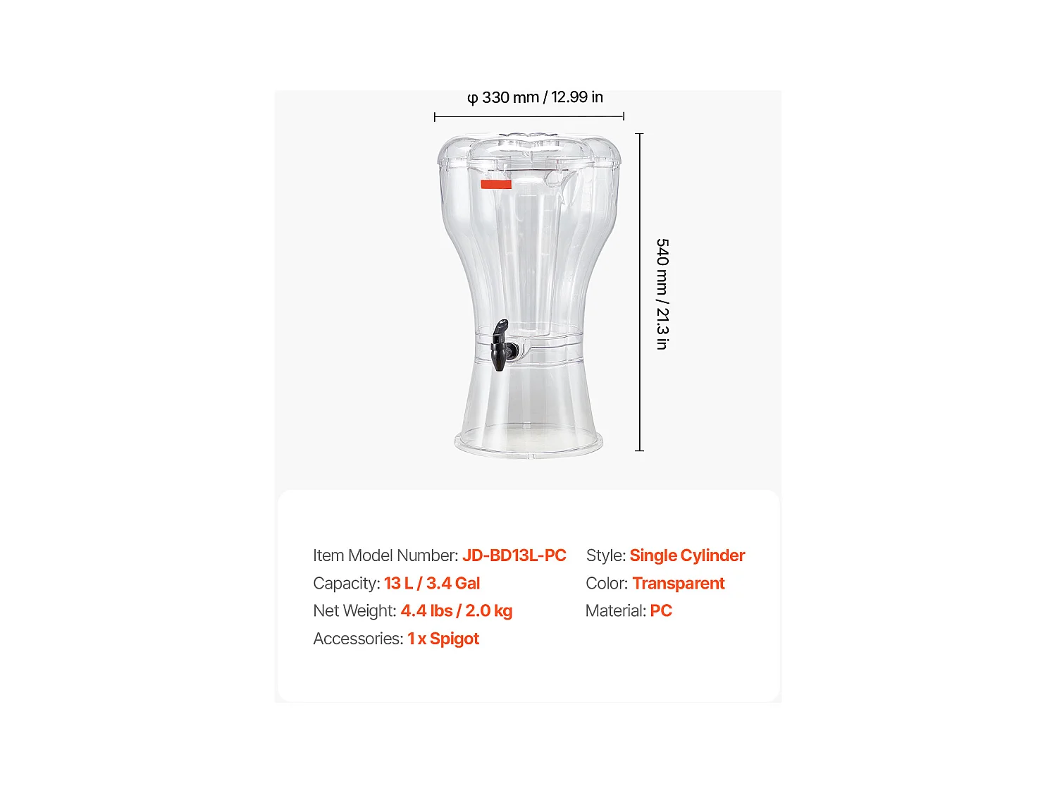 Distributeur de Boissons SucceBuy, Grande Capacité 13 L, Fontaine à Eau en Plastique, Distribution d’Eau Jus Limonade Thé Glacé, pour Café