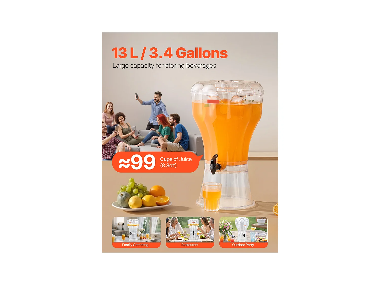 Distributeur de Boissons SucceBuy, Grande Capacité 13 L, Fontaine à Eau en Plastique, Distribution d’Eau Jus Limonade Thé Glacé, pour Café