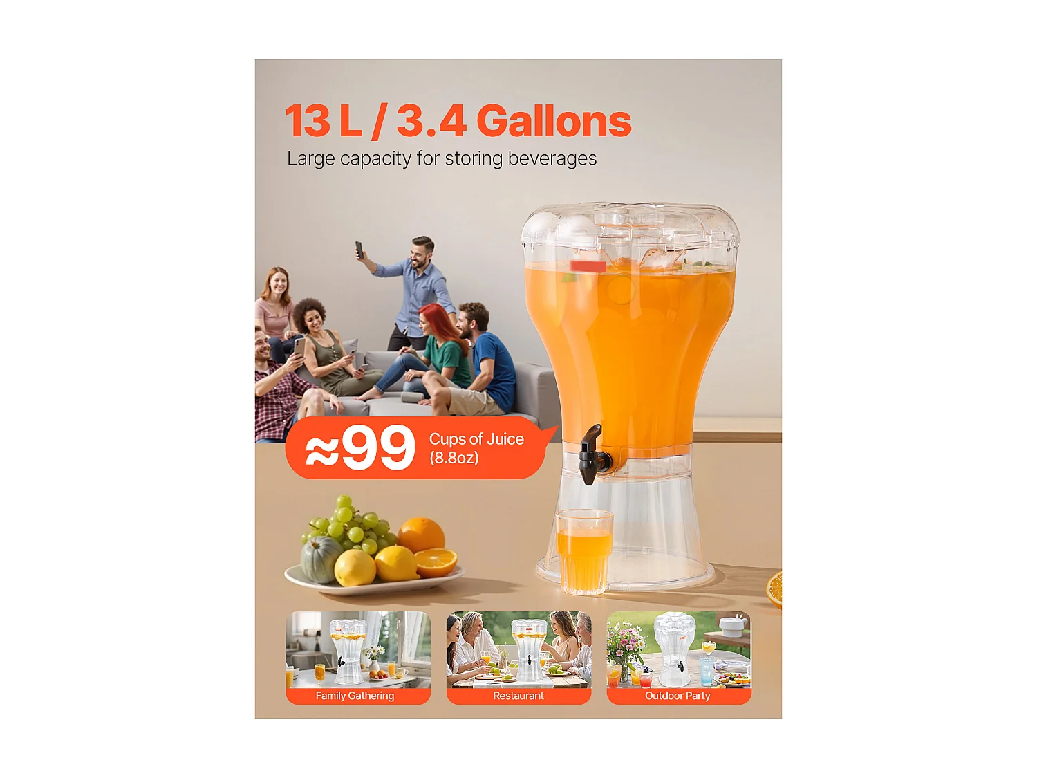 Dispensador de Bebidas SucceBuy, Gran Capacidad de 13 L, Fuente de Agua de Plástico, Dispensador de Agua, Zumo, Limonada y Té Helado, para Café