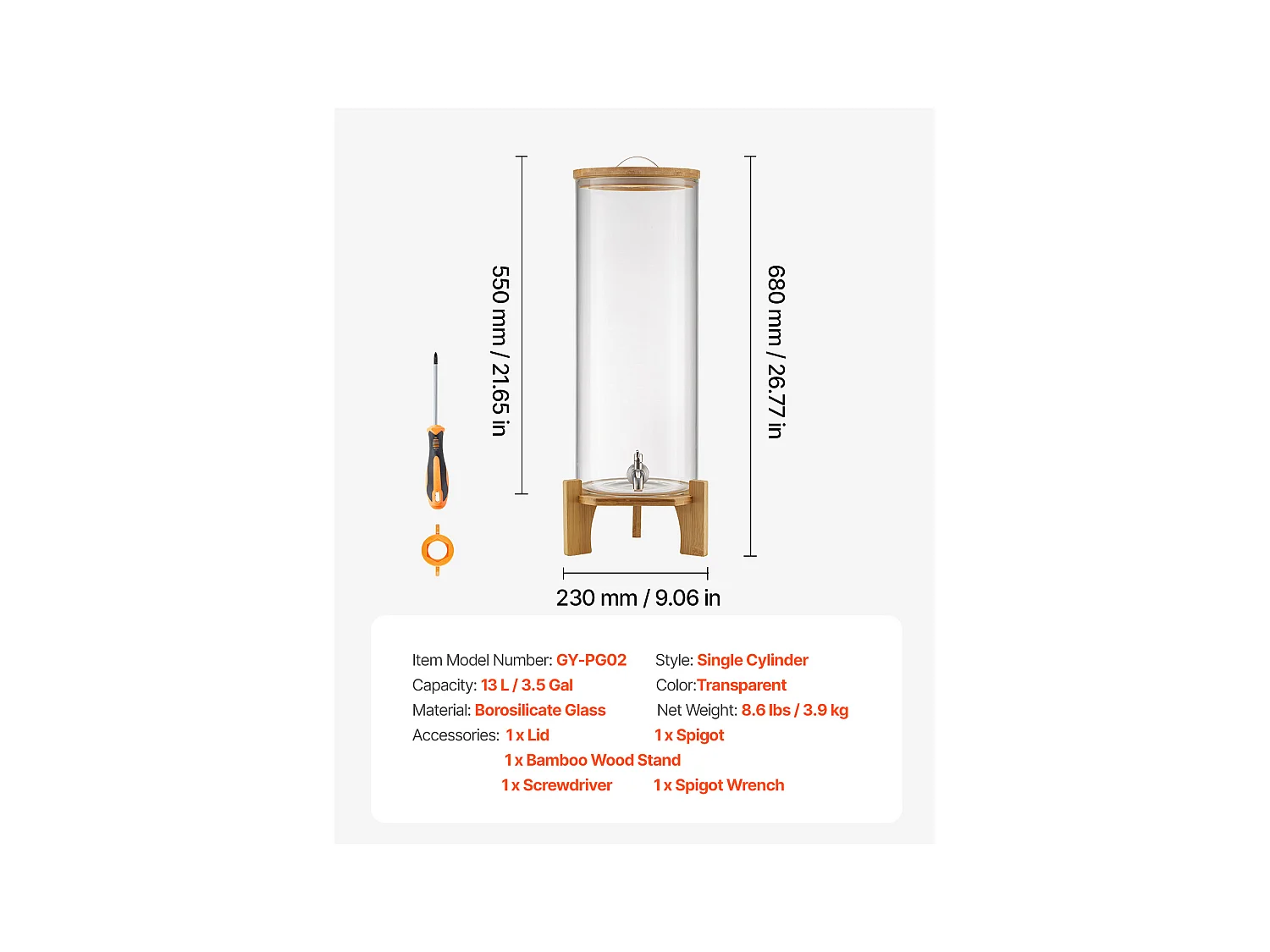 Getränkespender SucceBuy, Großes Fassungsvermögen von 13 L, Wasserspender aus Glas, für Wasser, Saft, Limonade, Eistee und Kaffee