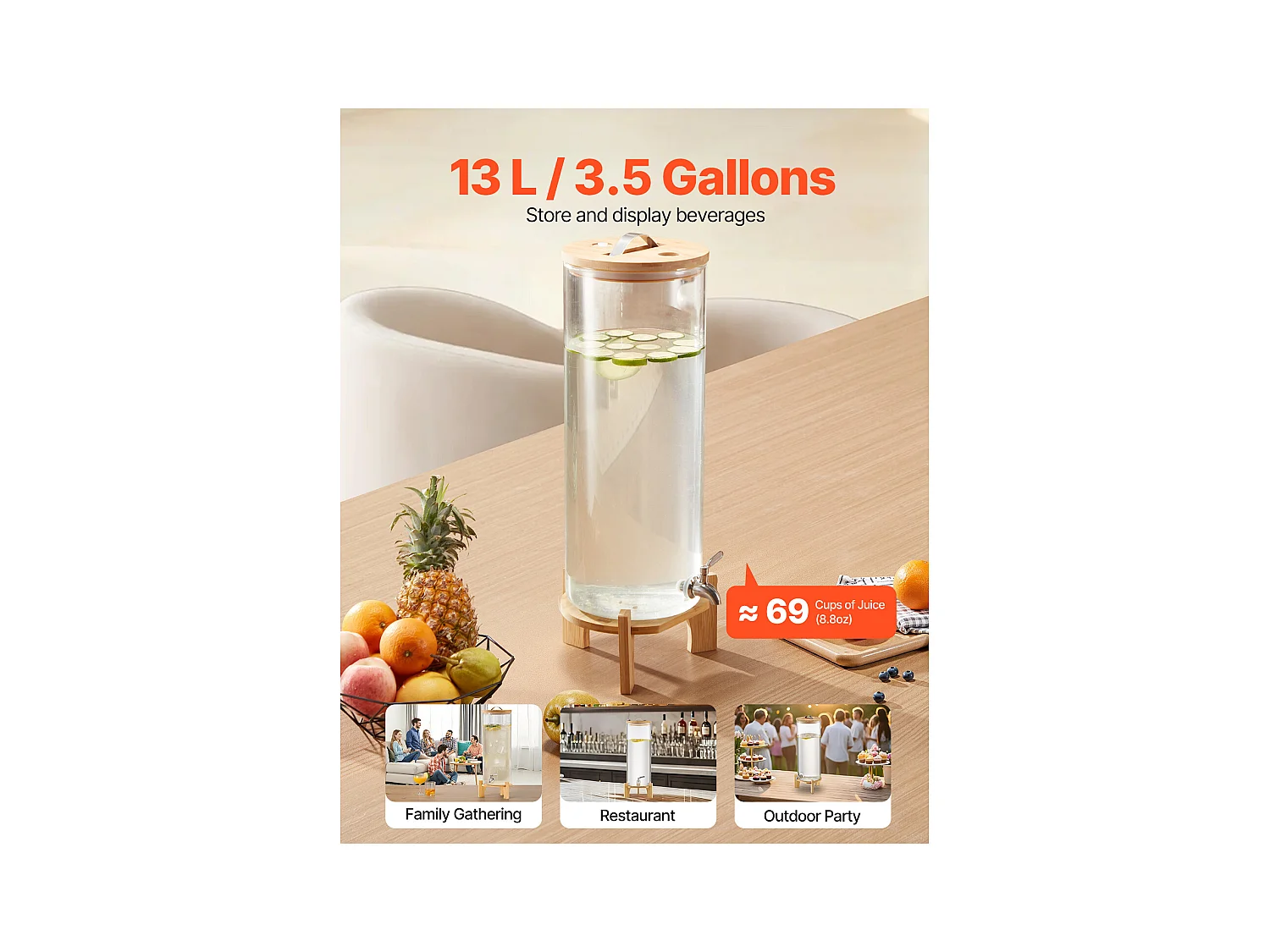 Getränkespender SucceBuy, Großes Fassungsvermögen von 13 L, Wasserspender aus Glas, für Wasser, Saft, Limonade, Eistee und Kaffee