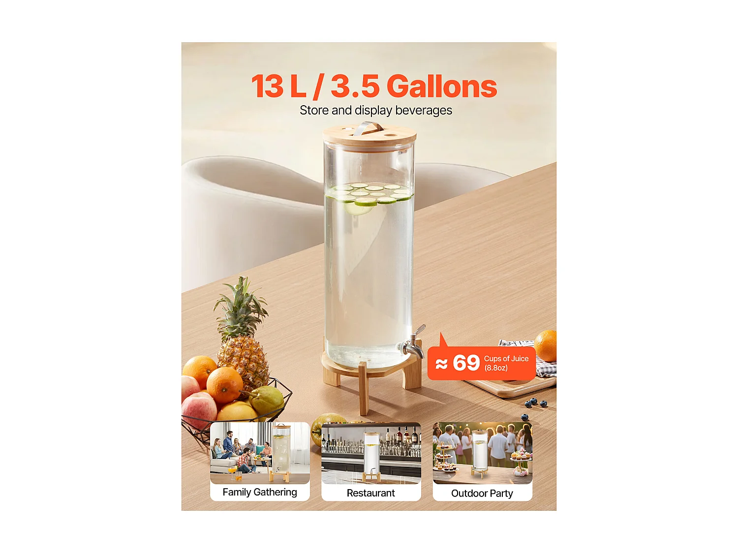Distributeur de Boissons SucceBuy, Grande Capacité de 13 L, Fontaine à Eau en Verre, Distribution d’Eau Jus Limonade Thé Glacé, pour Café
