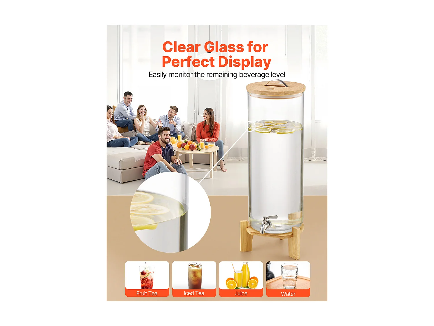 Distributeur de Boissons SucceBuy, Grande Capacité de 13 L, Fontaine à Eau en Verre, Distribution d’Eau Jus Limonade Thé Glacé, pour Café