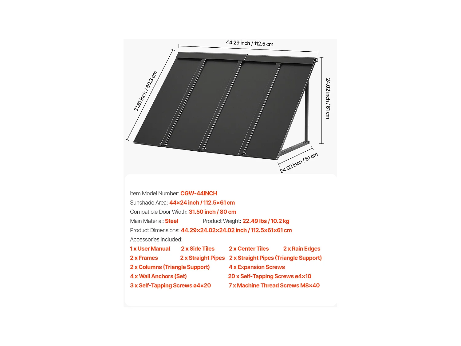 Auvent de Porte d'Entrée SucceBuy, 112,5x61 cm, Marquise de Porte Extérieure Métal, Cadre Acier, Abri de Protection Contre Pluie, pour Portes d'Entrée, Balcons