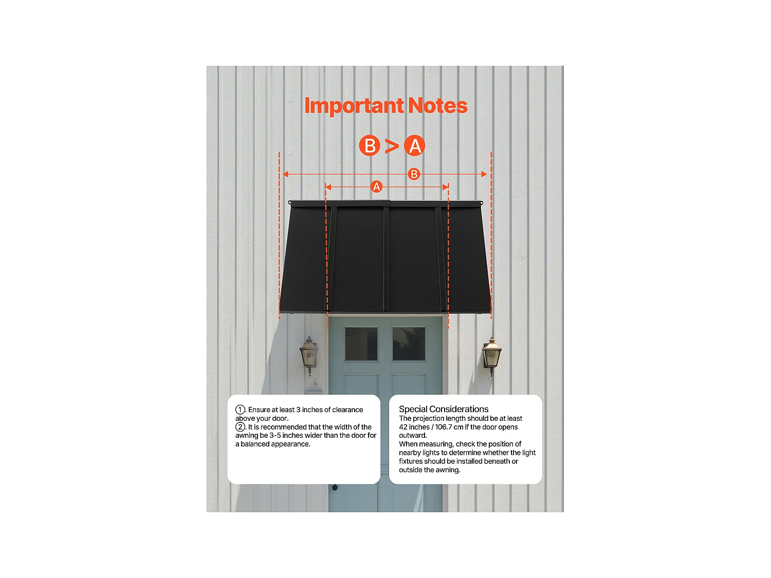 Auvent de Porte d'Entrée SucceBuy, 112,5x61 cm, Marquise de Porte Extérieure Métal, Cadre Acier, Abri de Protection Contre Pluie, pour Portes d'Entrée, Balcons