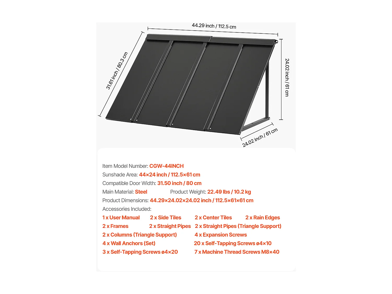 Auvent de Porte d'Entrée SucceBuy, 112,5x61 cm, Marquise de Porte Extérieure Métal, Cadre Acier, Abri de Protection Contre Pluie, pour Portes d'Entrée, Balcons