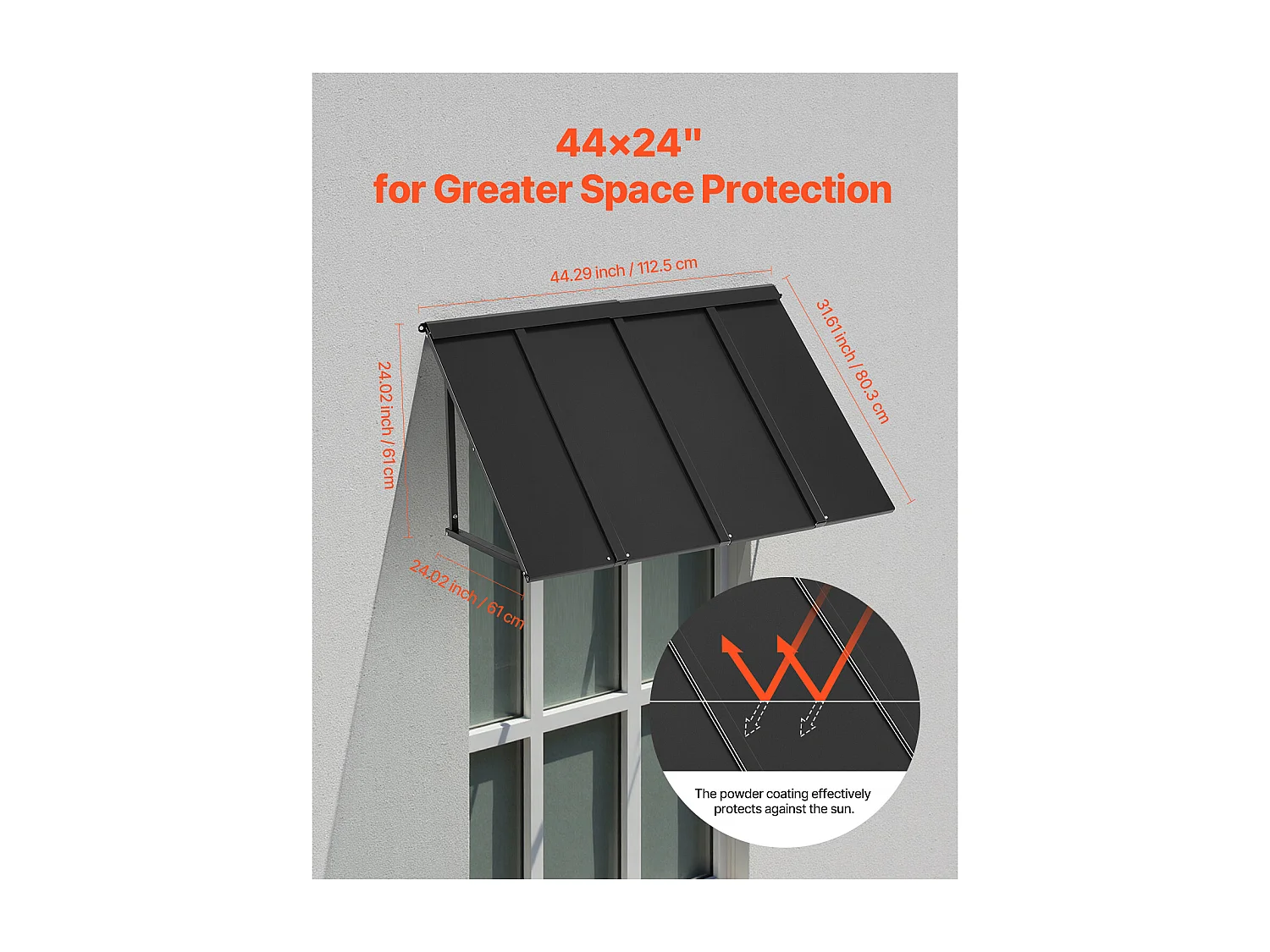 Auvent de Porte d'Entrée SucceBuy, 112,5x61 cm, Marquise de Porte Extérieure Métal, Cadre Acier, Abri de Protection Contre Pluie, pour Portes d'Entrée, Balcons