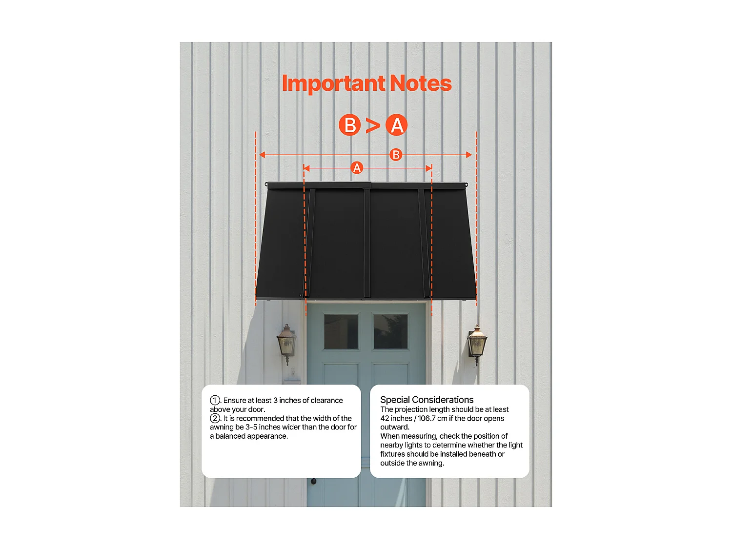 Auvent de Porte d'Entrée SucceBuy, 112,5x61 cm, Marquise de Porte Extérieure Métal, Cadre Acier, Abri de Protection Contre Pluie, pour Portes d'Entrée, Balcons