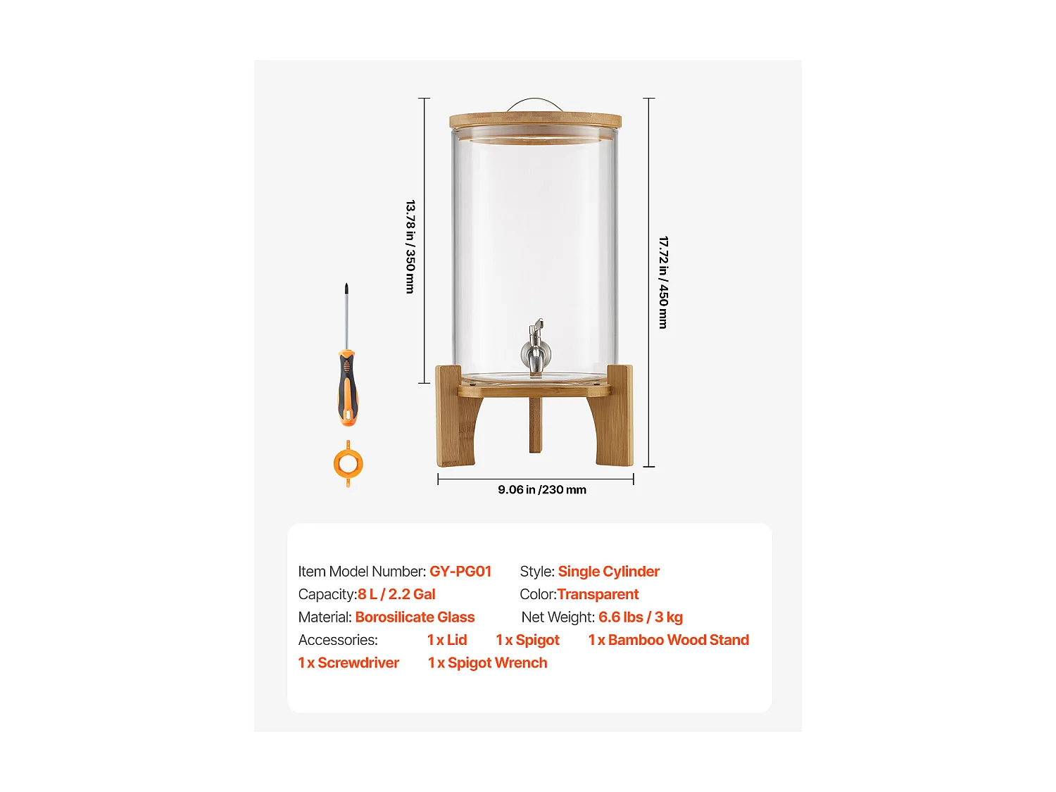 Dozownik Napojów SucceBuy, Duża Pojemność 8 L, Szklany Dystrybutor Wody, Dozowanie Wody, Soków, Lemoniady, Mrożonej Herbaty, do Kawy