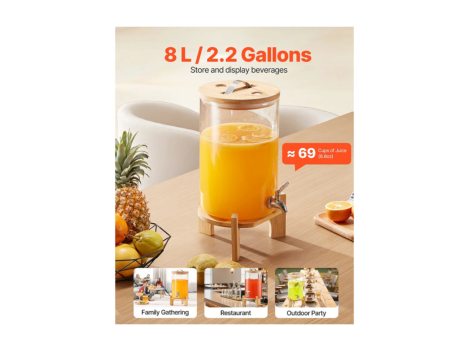 Dozownik Napojów SucceBuy, Duża Pojemność 8 L, Szklany Dystrybutor Wody, Dozowanie Wody, Soków, Lemoniady, Mrożonej Herbaty, do Kawy